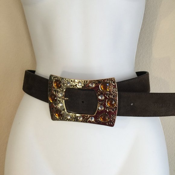 Vintage Statement belt Jeweled buckle suede leather belt M brown, amber, gold main image 11